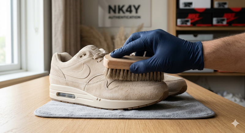 Suède sneakers voorzichtig borstelen met een zachte borstel - NK4Y onderhoudstips